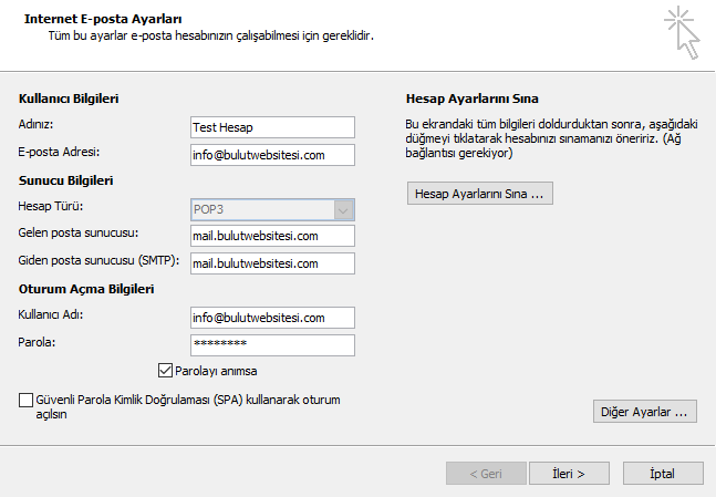 Outlook ayarları bulutweb